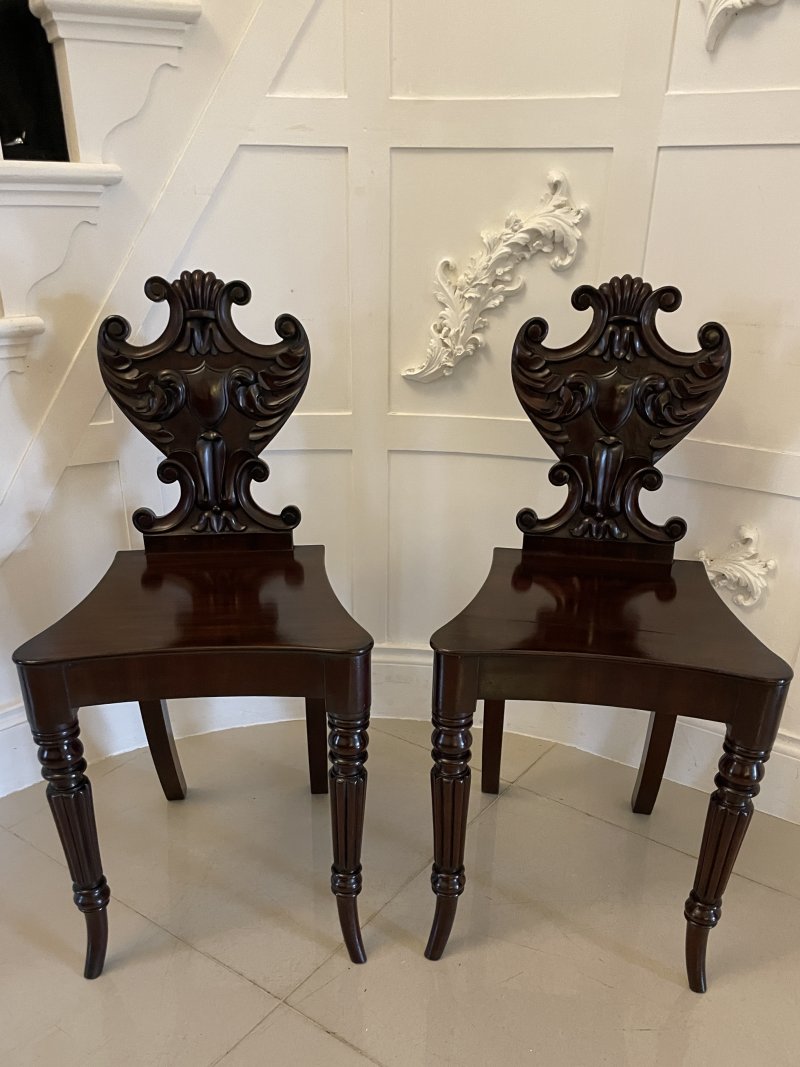 Outstanding Quality Pair of Antique Regency Carved Mahogany Hall Chairs